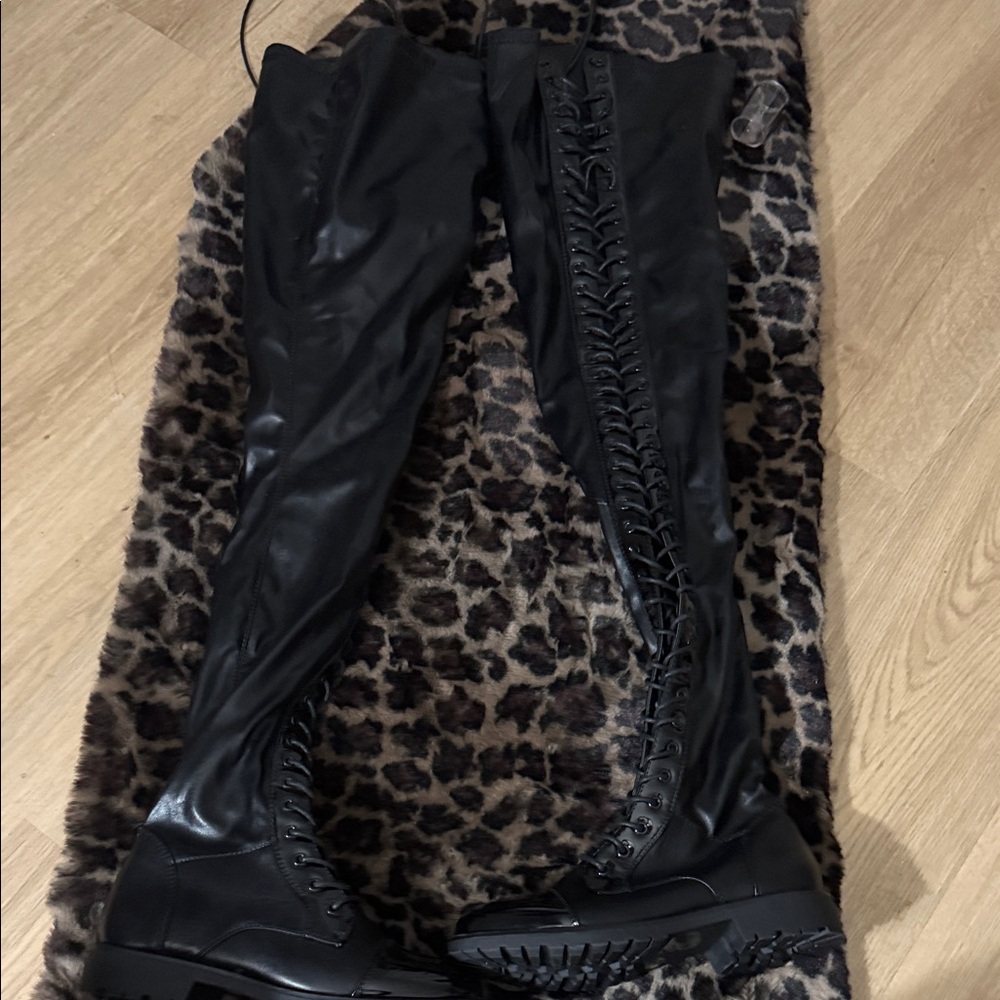 Black Lace-Up Knee-High Boots